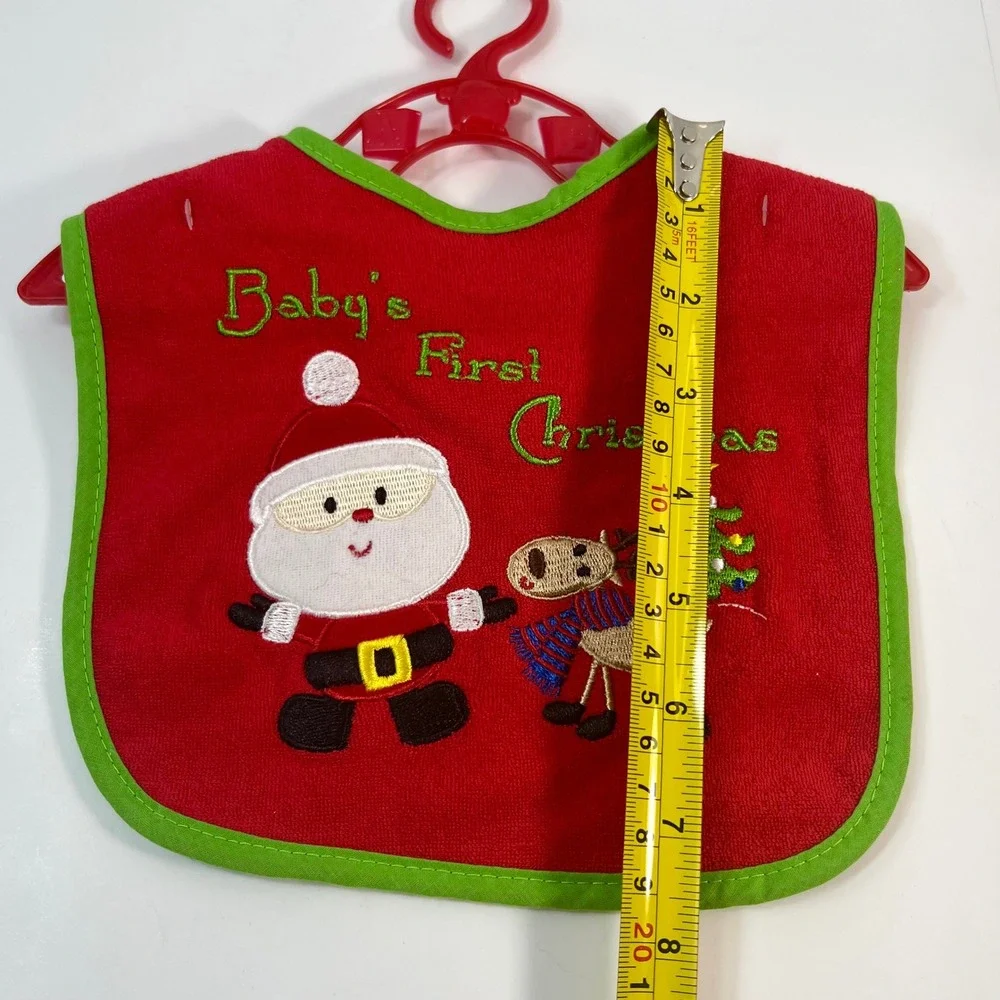 Baby Essentials Babys First Christmas Bib Red Green Santa Reindeer Terry Cloth